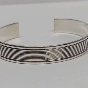 Sterling Silver 925 Cuff Bracelet with Linear Design, Art Deco Style, Adjustable